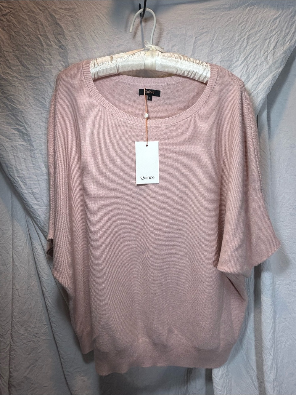 NWT Quince Lightweight Cotton/Cashmere Link Stitch Dolman Sweater Soft Pink (L) - Picture 3 of 6